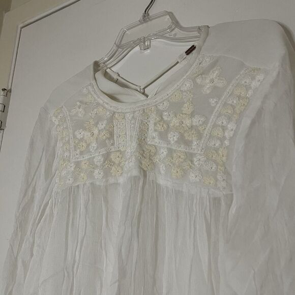 Free People white ivory beaded embroidery sheer long sleeve peasant top Small - Picture 7 of 7